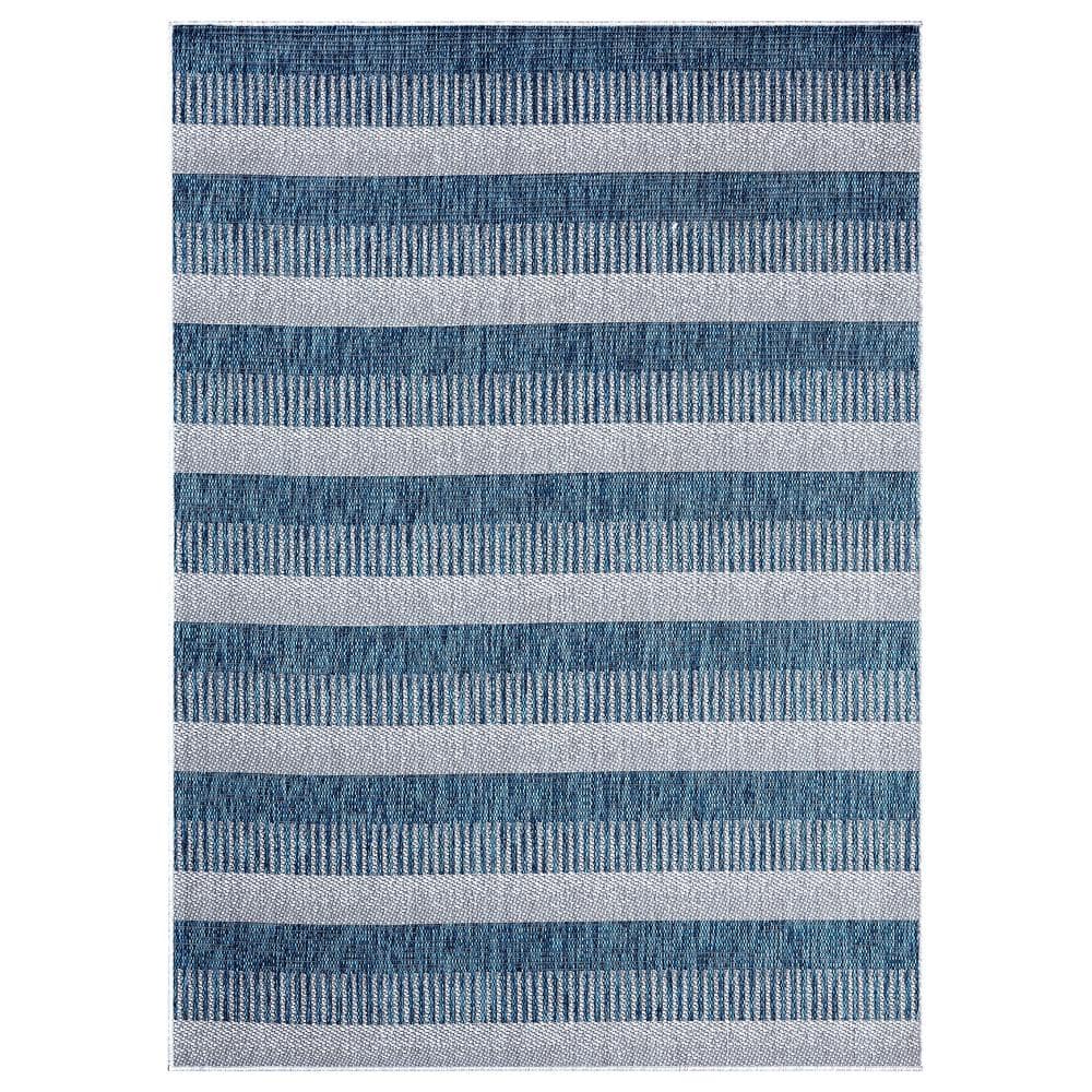 Aqua and Ivory Striped Synthetic 8' x 10' Rectangular Area Rug