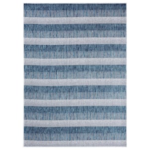 Patio Country Charlotte Aqua/Ivory 8 ft. x 10 ft. Modern Striped Indoor/Outdoor Area Rug