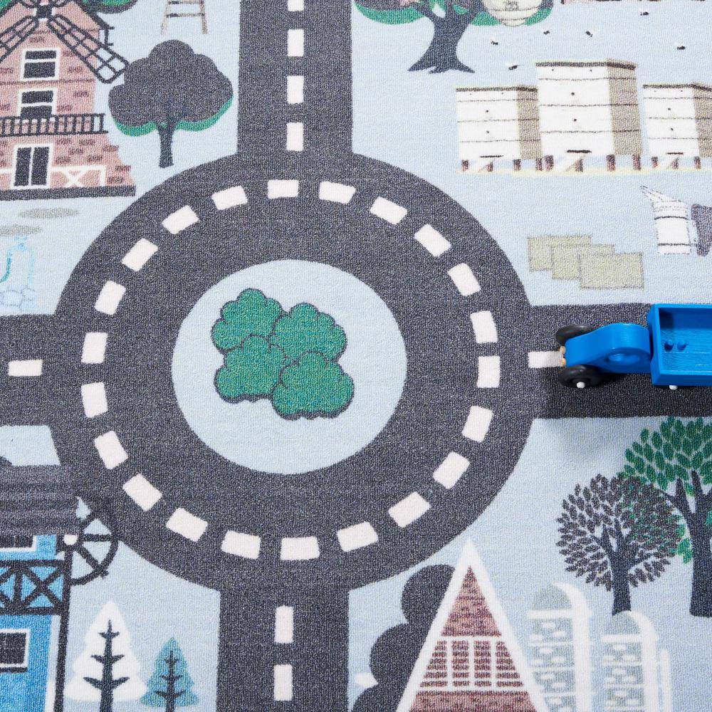 Blue and Dark Grey Square Kids Playhouse Area Rug