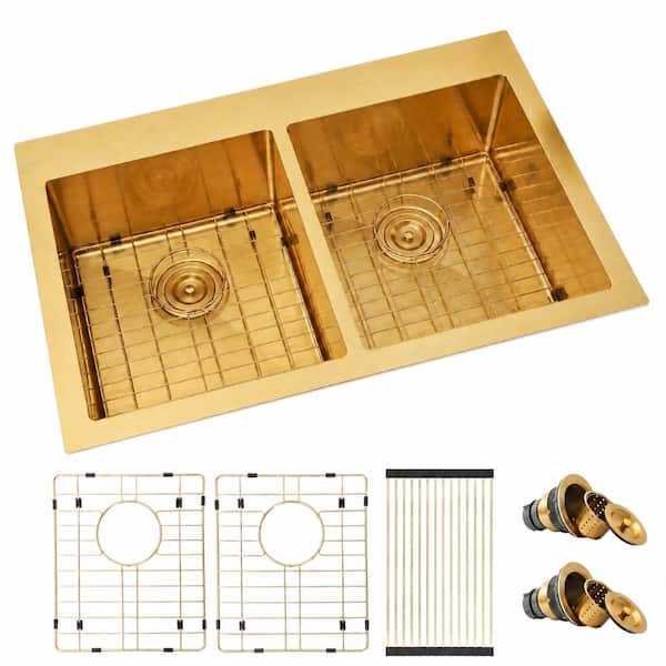 33 in. Drop-In Double Bowl 16-Gauge Stainless Steel Kitchen Sink, 50/50 Split, 9 in. Deep, Gold Finish