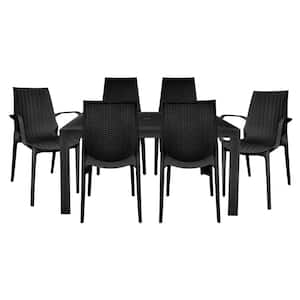 Kent 7-Pcs Patio Dining Set with Plastic Dining Side Chairs and Arm Chairs and Rectangular Dining Table (Black)