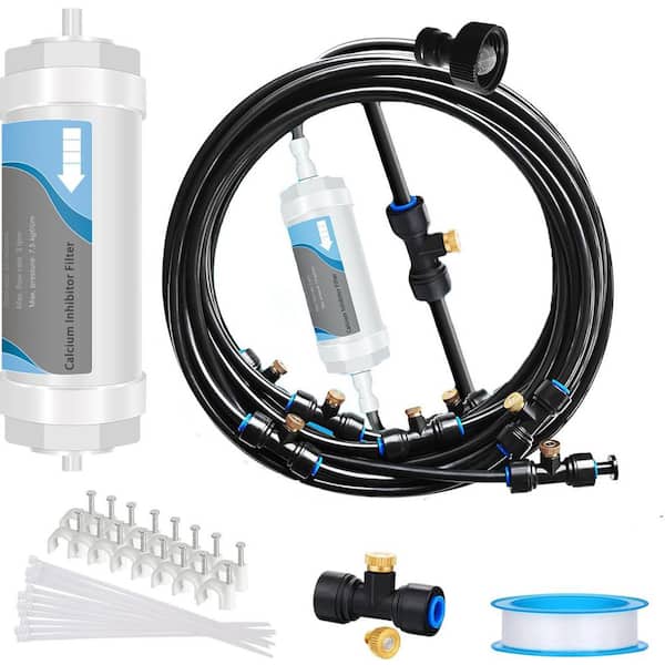 26 ft. Outdoor Misting System with Water Filter and 7 Brass Nozzles for Patio Cooling Greenhouse Garden Use Black