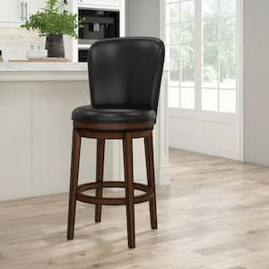 Victoria 45.5 in Dark Chestnut High Back Wood 30.25 in. Swivel in Black Faux Leather Bar Stool
