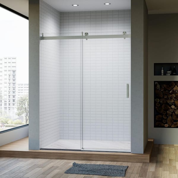 ANGELES HOME 56-60 in. W x 76 in. H Single Sliding Frameless Shower Door Soft-Close in Brushed Nickel Finish with Clear Glass, SGCC