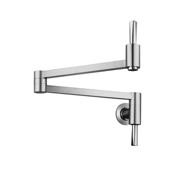 Wall Mounted Double Handle Pot Filler Folding Brass Kitchen Faucet with Swing Arm in Brushed Nickel