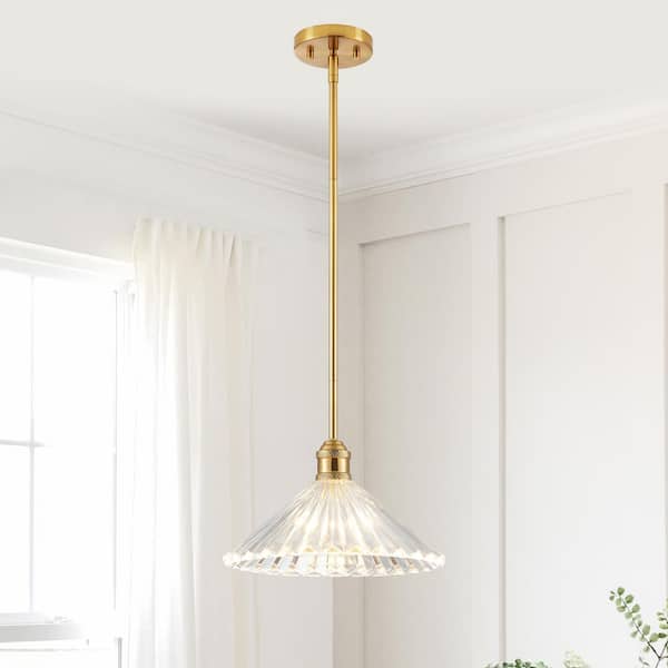 1-Light Brushed Gold Pendant Light with Clear Textured Glass Shade