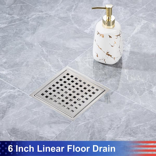 6 inch Brushed Nickel Square Shower Drain with Hair Trap Set (2 Designs)