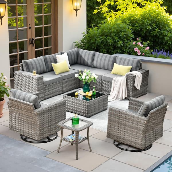 Zoila Gray 9-Piece Wicker 7.68 in. Wide Arm Outdoor Sectional Set with Striped Gray Cushions and Swivel Rocking Chairs