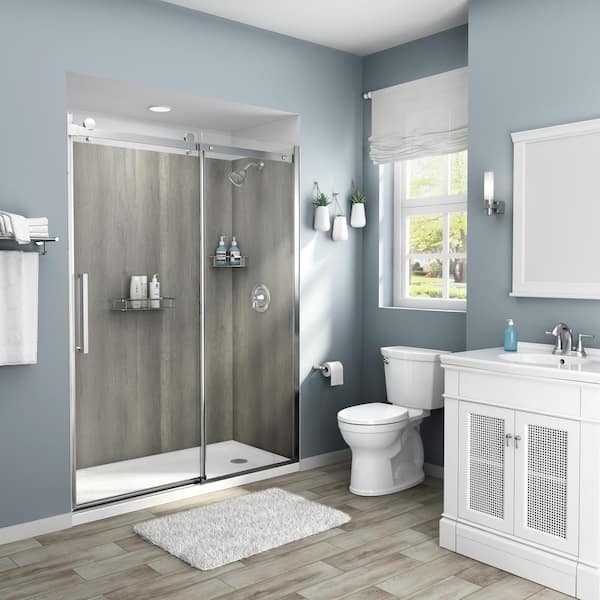 American Standard Passage 60 in. x 72 in. 2-Piece Glue-Up Alcove Shower Wall with Corner Shelf in Gray Timber
