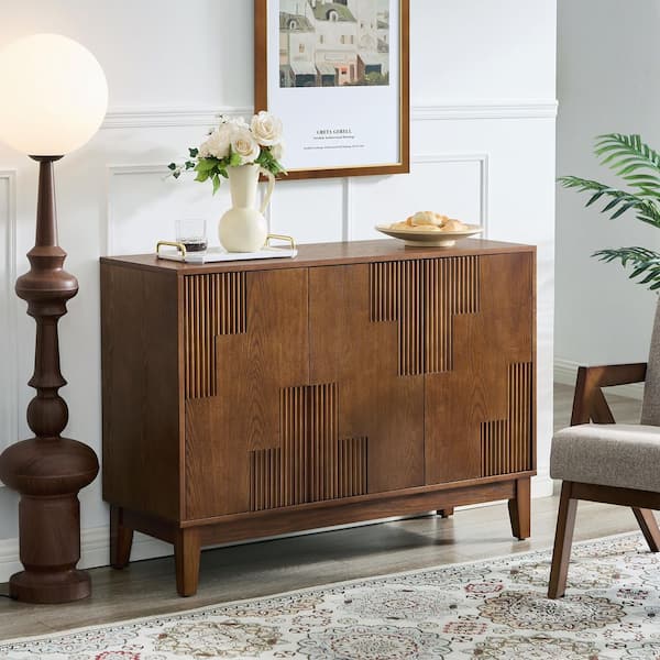 Hayden 44.3 in. W Rectangle Walnut Wood Modern Buffet Cabinet with 3 Doors and Vertical-Stripe Patchwork Design