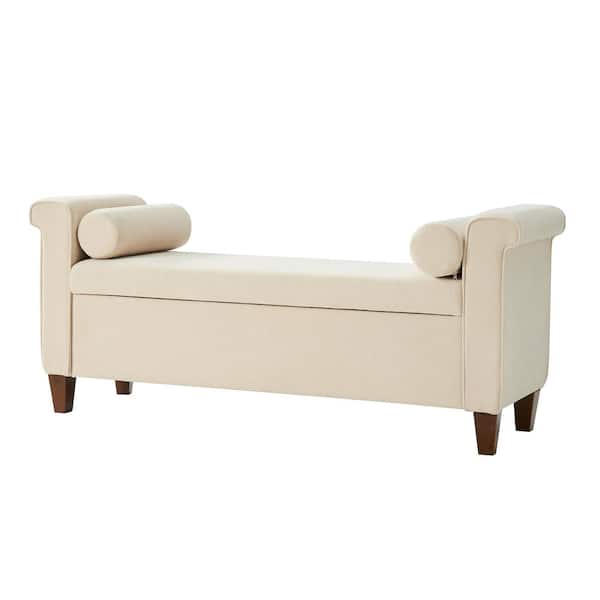 JAYDEN CREATION Amalia Beige 54 in. Traditional Upholstered Storage Bedroom Bench with 2-Round Pillow