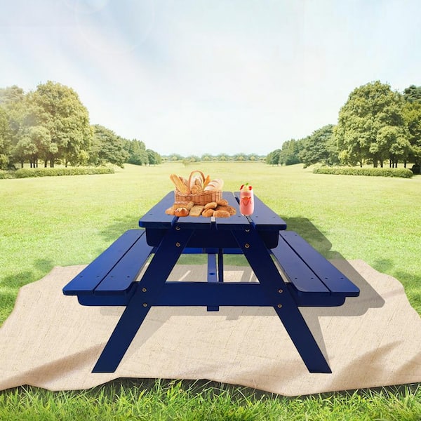 Blue Wood Rectangle Picnic Table Children's Dining Table with Benches