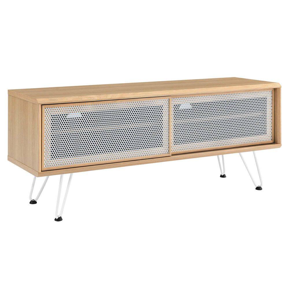 Nomad Oak Wood Grain Laminate TV Stand with White Mesh Doors