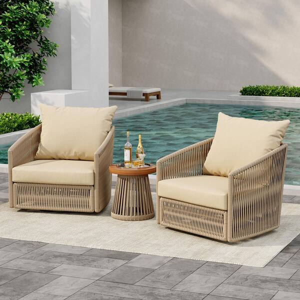 Khaki 3-Piece Metal Wicker Patio Conversation Set Outdoor Chairs and Coffee Table with Khaki Cushion