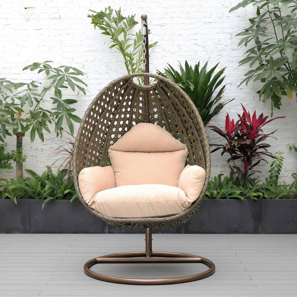Beige Wicker Rattan Hanging Egg Chair with Cushions and Iron Stand