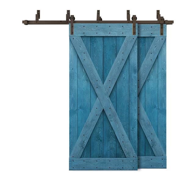 CALHOME 88 in. x 84 in. X Bypass Ocean Blue Stained DIY Solid Wood Interior Double Sliding Barn Door with Hardware Kit