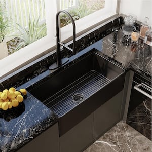 Black Fireclay 36 in. Single Bowl Farmhouse Apron Kitchen Sink with Sprayer Kitchen Faucet and Accessories