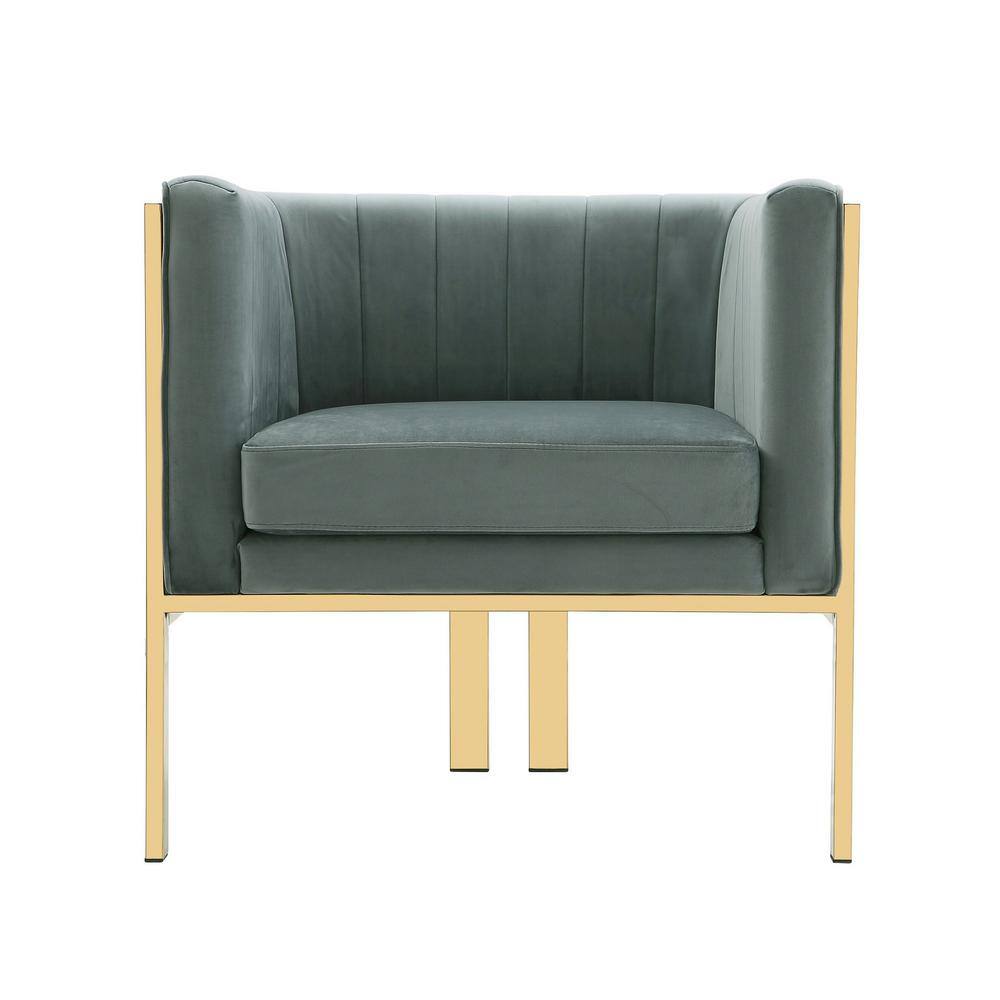 Set of 2 Gray Velvet Barrel Accent Chairs with Metal Frame