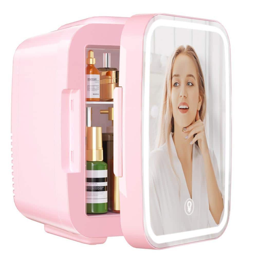 10 in. 4 cu. ft. Retro Dimmable LED Mirror, 4-Liter/6-Cans Cooler and Warmer Mini Refrigerator in Pink