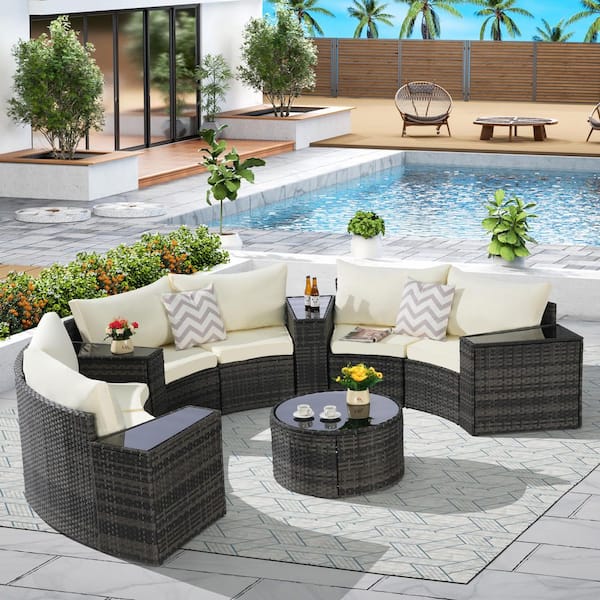 11-Pieces Metal Outdoor Half-Moon Sectional Round Patio Furniture Set Sofa with Beige Cushions