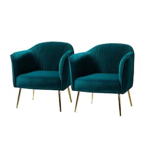 Auder Contemporary Teal Velvet Accent Barrel Chair with Ruched Design and Golden Legs (Set of 2)