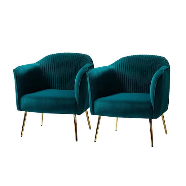 JAYDEN CREATION Auder Contemporary Teal Velvet Accent Barrel Chair with Ruched Design and Golden Legs (Set of 2)