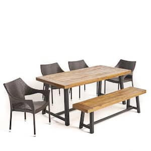 Brecken Sandblast Teak Brown 6-Piece Wood and Multi-Brown Faux Rattan Outdoor Dining Set