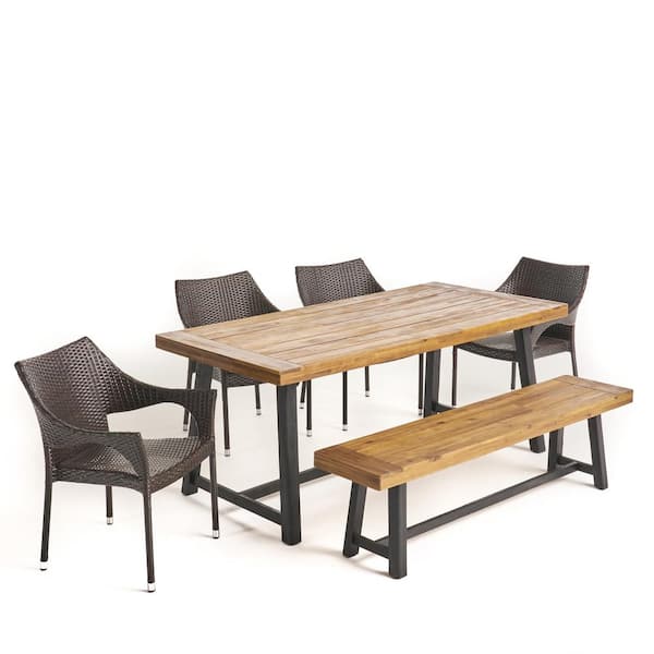 Brecken Sandblast Teak Brown 6-Piece Wood and Multi-Brown Faux Rattan Outdoor Dining Set