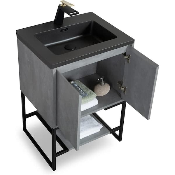 Allen 24 in. Freestanding Grey Bath Vanity Open-Shelf Bathroom Storage Vanity Cabinet with Black Resin Top Basin