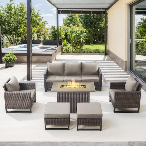 Opohoro U-Weave 6-Piece Brown Wicker Outdoor Rectangular Fire Pit Conversation Set with Gray Cushions and Ottomans