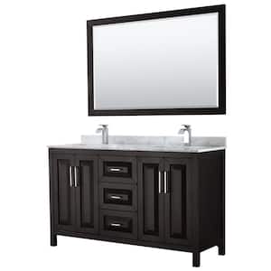 Daria 60 in. Double Bathroom Vanity in Dark Espresso with Marble Vanity Top in Carrara White and 58 in. Mirror