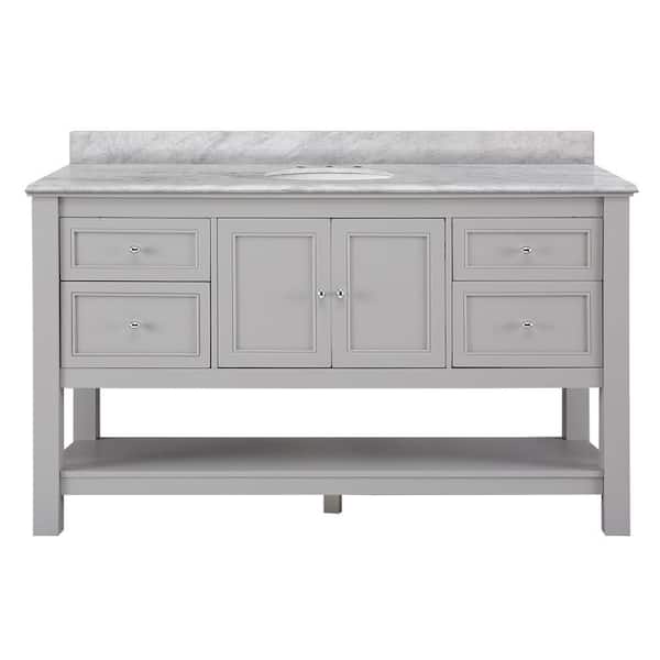 Home Decorators Collection Gazette 61 in. W x 22 in. D Bath Vanity in Gray with Marble Vanity Top in Carrara White
