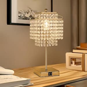 18 in. 1-Light Bedside Crystal Task & Reading Table Lamp Gold Dimmable Lamp with Crystal Shade for Bedroom Living Room