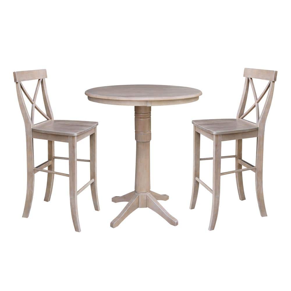 36" Round Washed Gray Solid Wood Bar Height Pedestal Table