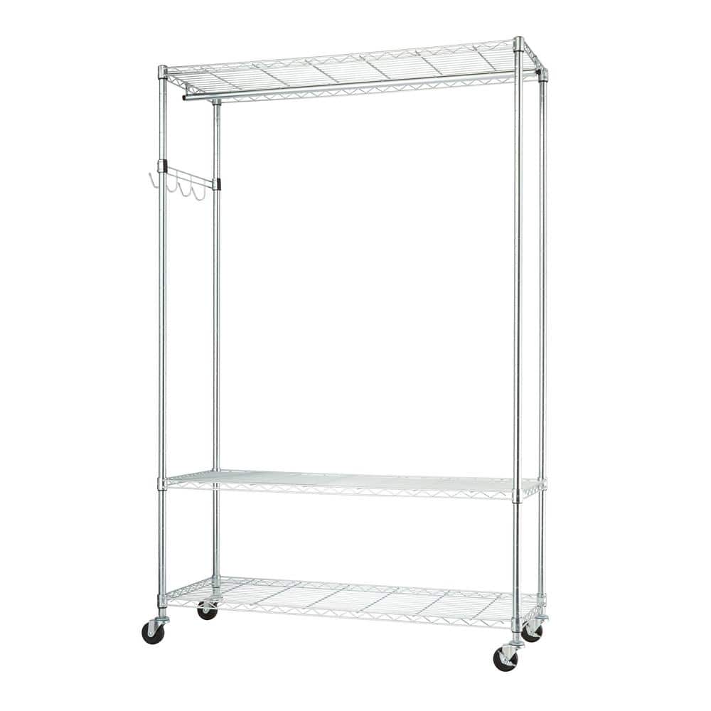 Chrome 3-Tier Rolling Garment Rack with Hooks