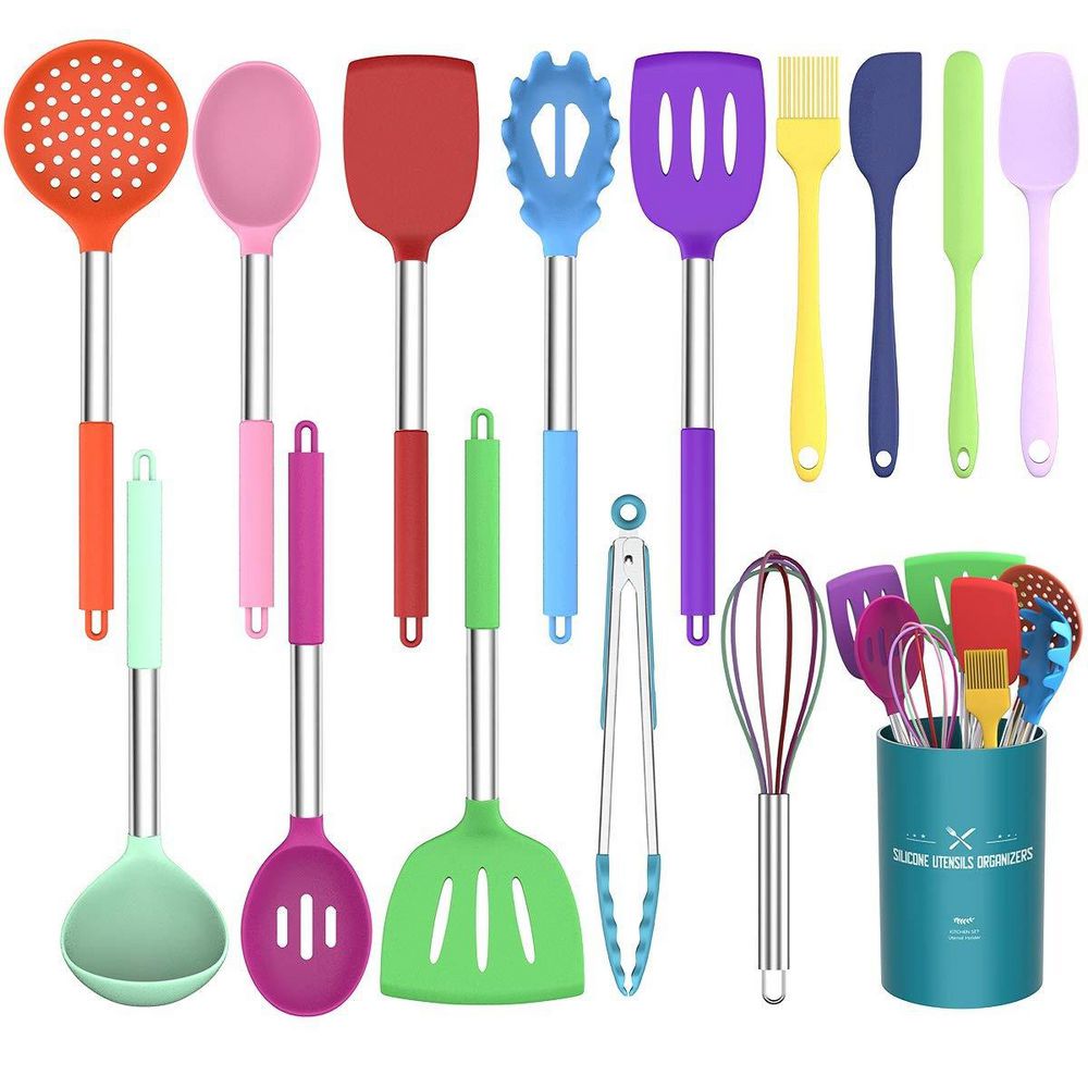 15-Piece Silicone Cooking Kitchen Utensils Set, Non-Stick Kitchen Cookware with Stainless Steel Handle, Colorful