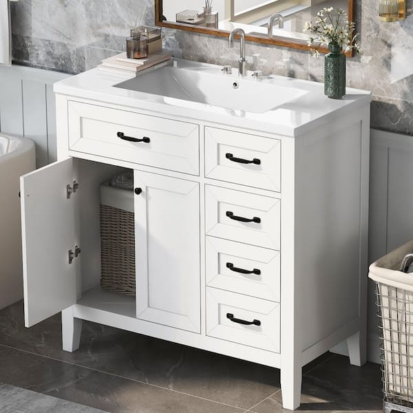 36 in. W Solid Wood Frame White Stylish Bath Vanity with White Ceramic Top, 3 Drawers and Black Metal Handles