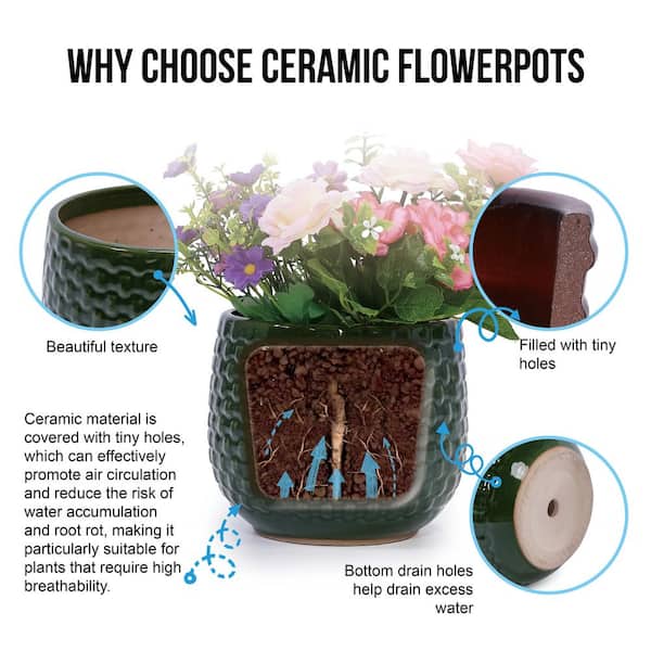 Set of 3 Handmade 4.49/6.3/8.07 in. H Dark Green Textured Round Ceramic Planters, Breathable Flower Pot