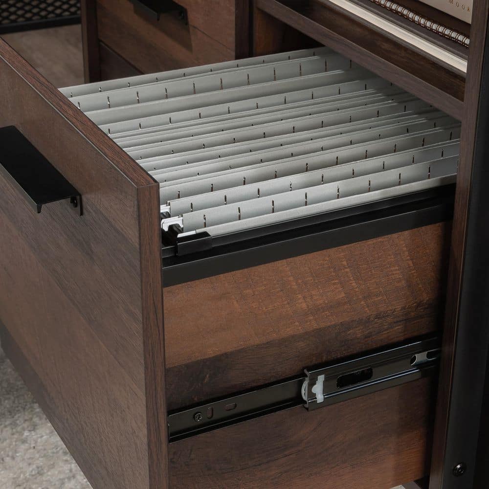 Brown Wood L-Shaped Corner Desk with Drawer and Filing Cabinet