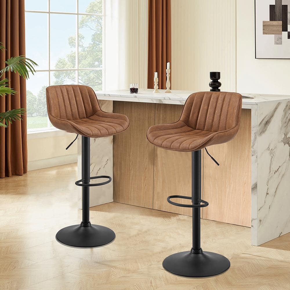 Cognac Faux Leather Adjustable Swivel Bar Stools with Black Base, Set of 2