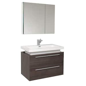 Medio 32 in. Vanity in Gray Oak with Acrylic Vanity Top in White with White Basin and Mirrored Medicine Cabinet