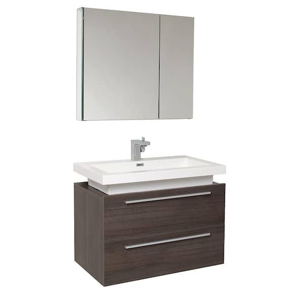 Fresca Medio 32 in. Vanity in Gray Oak with Acrylic Vanity Top in White with White Basin and Mirrored Medicine Cabinet