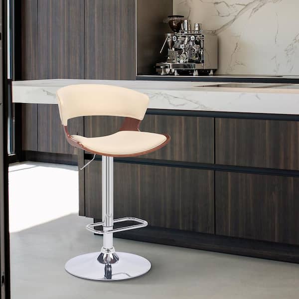 Armen Living Karine 43 in. Adjustable Low Back Swivel Cream Faux Leather and Walnut Wood Frame Low Back Bar Stool with Black Base