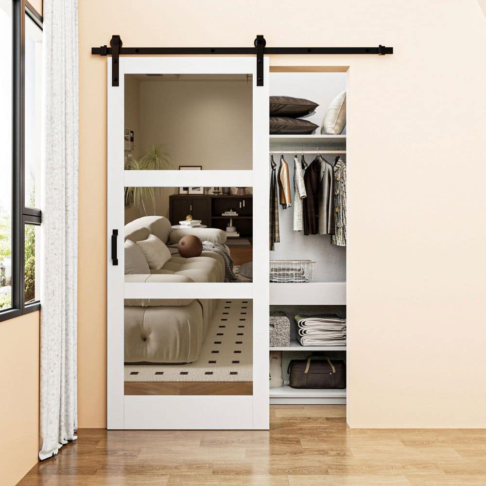 36 in. x 84 in. 3-Lite Mirrored Glass White Finished Solid Core MDF Barn Door Slab with Barn Door Hardware Kit price history on PriceWatchPro