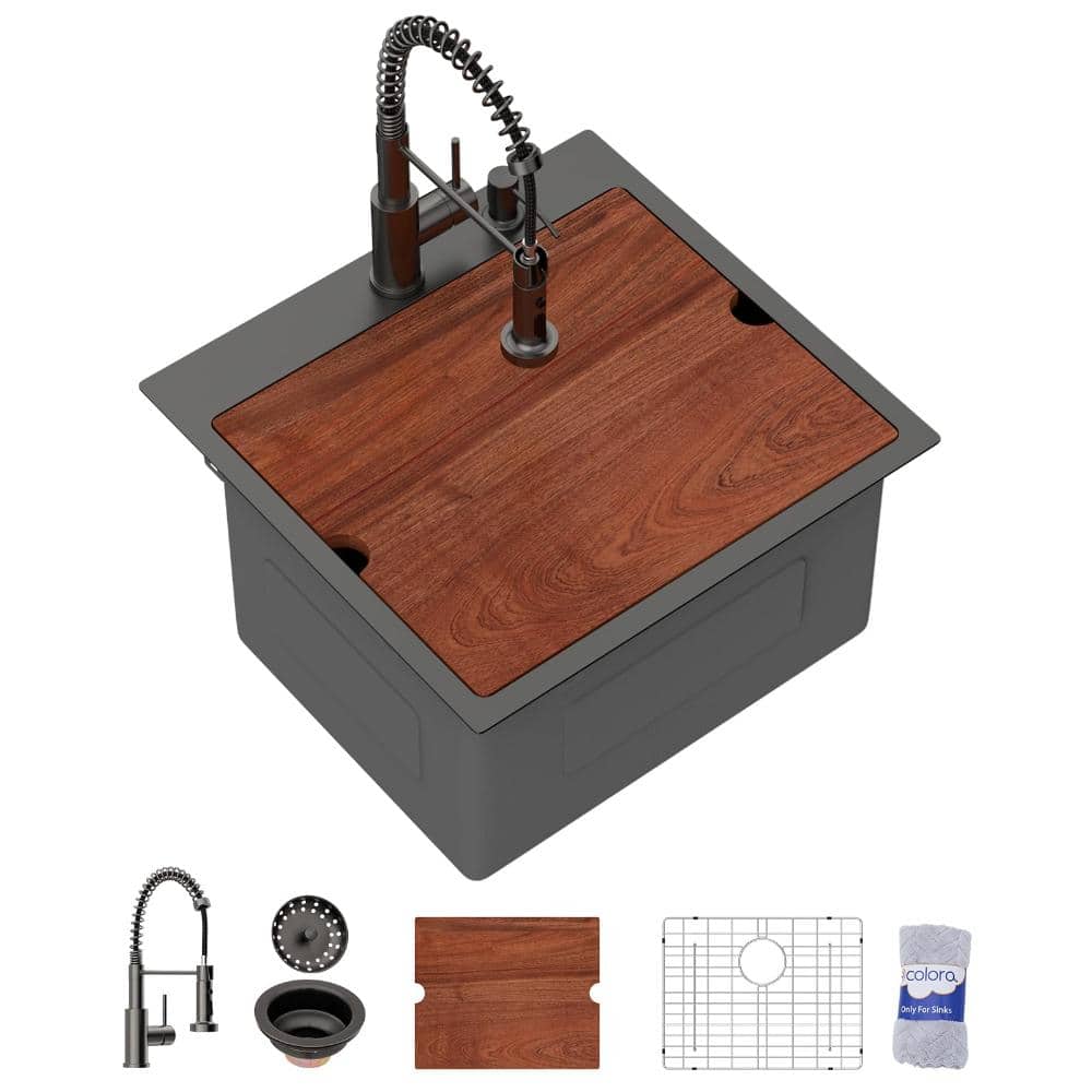 "21""x20"" Black Workstation Drop-In Laundry/Utility Sink with Faucet, Stainless Steel Single Bowl Topmount Kitchen Sink" price history on PriceWatchPro
