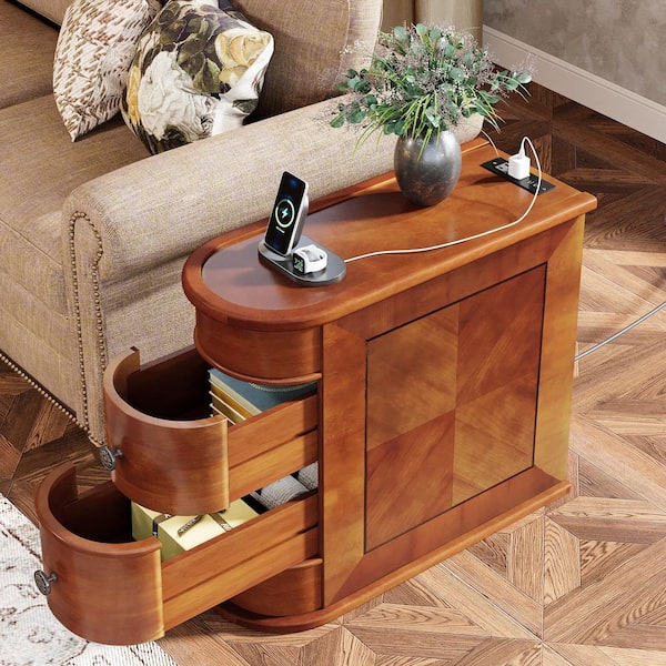 BYBLIGHT Kerlin 10.8 in. Walnut Rectangular Real Wood End Table