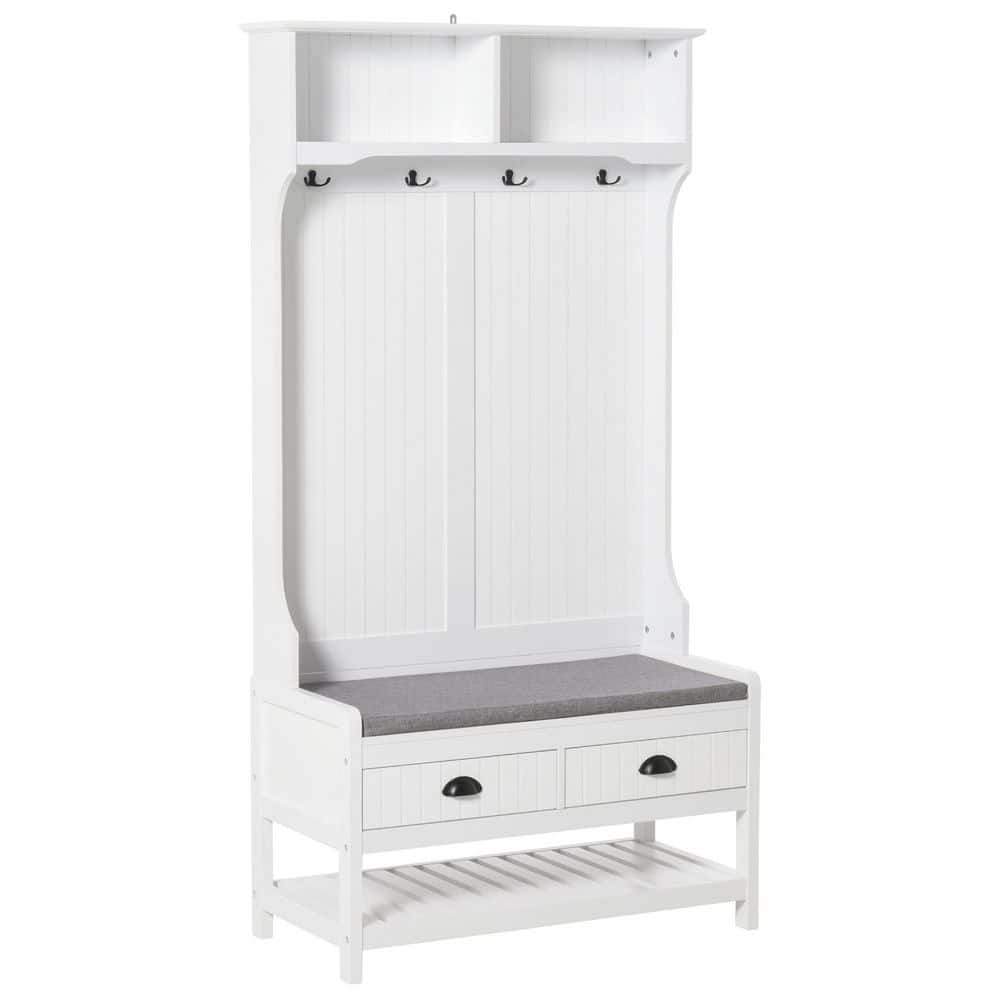 34.25 in. W x 16.5 in. D x 67.75 in. H White Wood Hall Tree with Coat Rack,