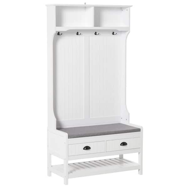 Unbranded 34.25 in. W x 16.5 in. D x 67.75 in. H White Wood Hall Tree with Coat Rack, Shoe Rack and 4 Hooks for Entryways, Hallway