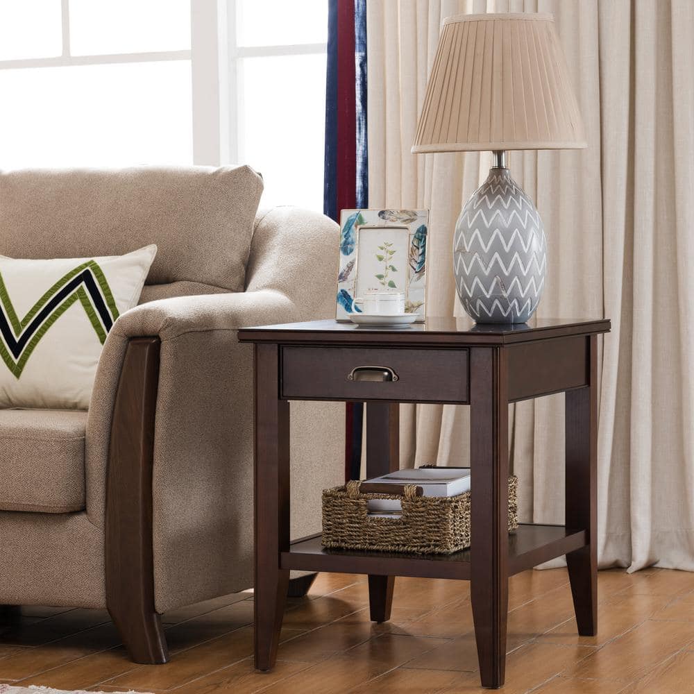 Laurent Chocolate Cherry Solid Wood End Table with Drawer and Shelf