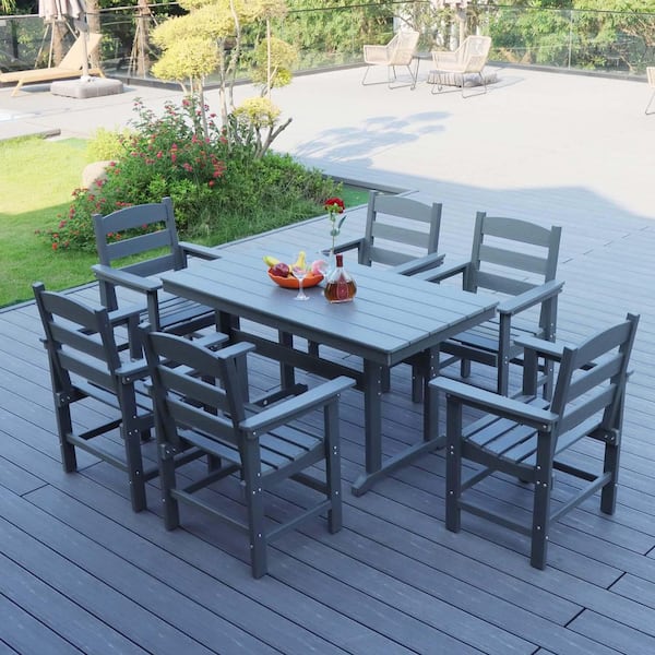 Unbranded 7-Piece Plastic Patio Dining Set, Patio Dining Set for 6, Dining Table and Chairs for Lawn Garden Backyard Deck, Gray